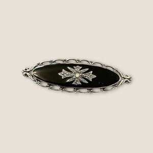 Vintage Black & Silver Tone Brooch With Rhinestone Cross Design Oval Shaped 3x1